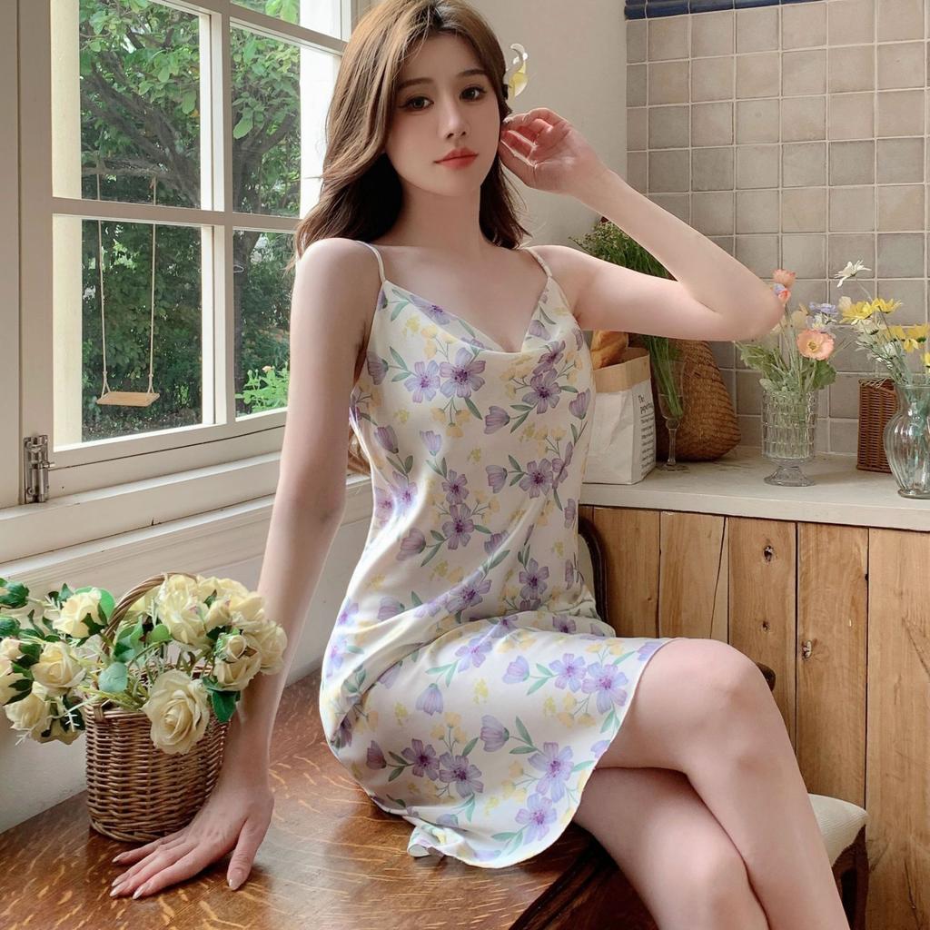 Sexy Pajamas Women's Summer French Swing Neck Suspender Skirt Korean Printing Imitation Silk Vacation Skirt Ice and Snow Silk Nightdress