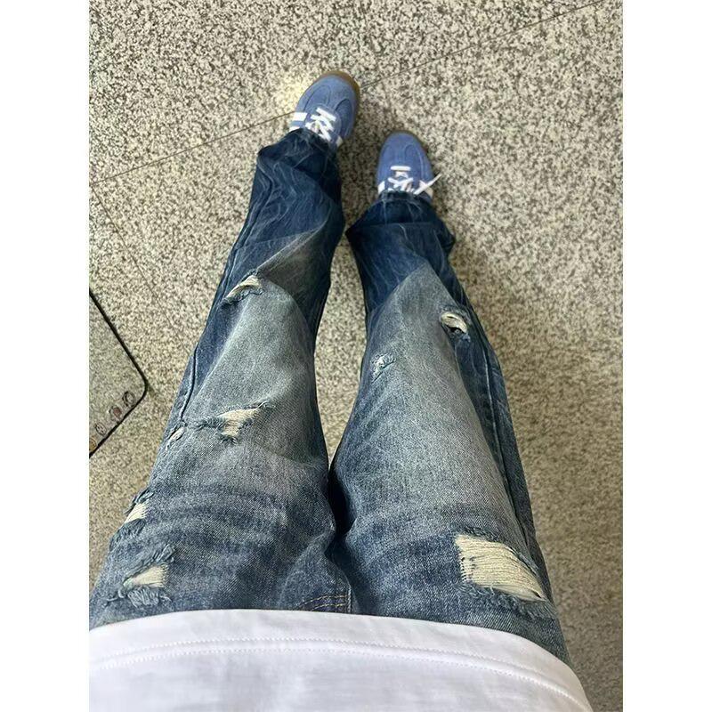 

Трендовые мужские рваные джинсы из денима с высокой посадкой - Весенне-осенние универсальные модные длинные брюки Medium синий