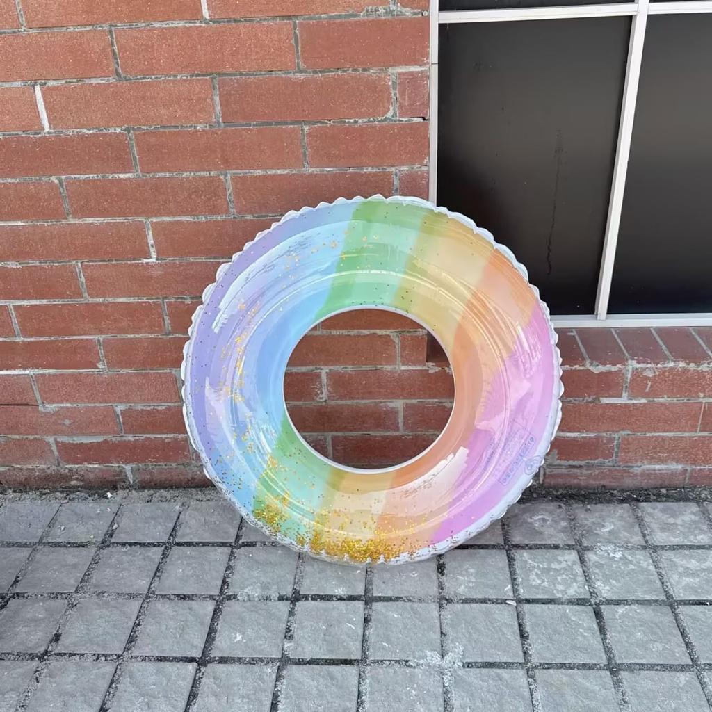 ZOUZJUN Inflatable Ring 90CM # Handleless Cute Rainbow Inflatable Ring for Adults Large Translucent Colored Float Glitter Swimming Sea Pool Beach
