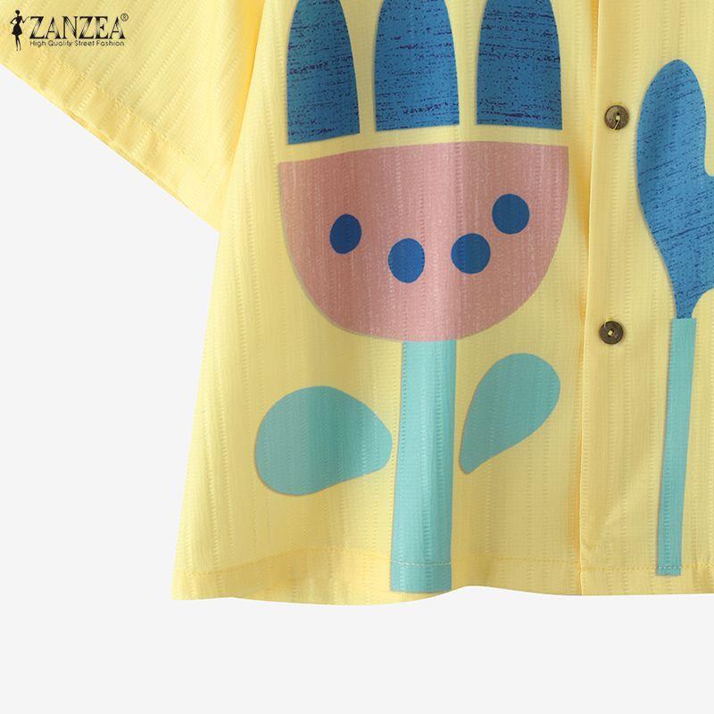 ZANZEA Women Casual Turn Down Collar Short Sleeve Loose Print Blouse