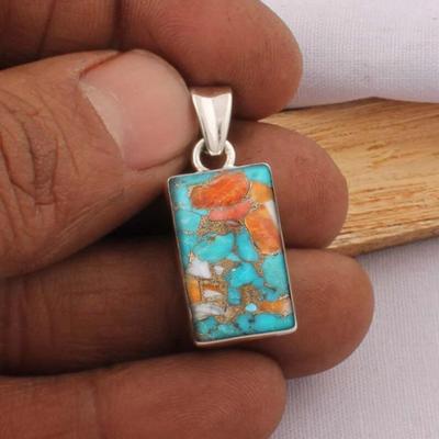 Oyster Copper Turquoise Gemstone Rectangle Pendant, 925 Silver Crystal Healing, Reiki Pendant, Handmade Jewelry, Statement Jewelry