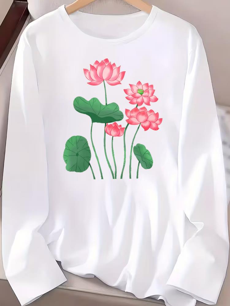 (Asian Size) Graphic Tee Casual Clothing Women O-neck Trend Flower Printed Print T Shirt Autumn Winter Spring Fashion Top Long Sleeve T-shirts