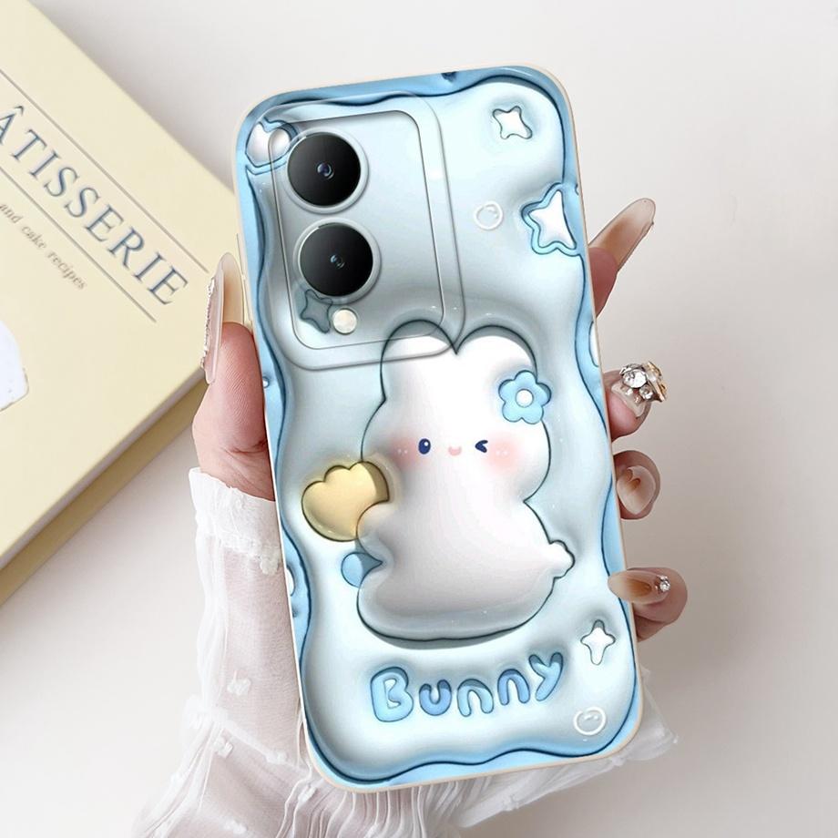 For Vivo Y28 5G Y29 5G V2420 Phone Case Vivo Y17s Y19s V2419 Back Cover Soft Liquid Silicone Pnada Rabbit Flower Cute Fundas