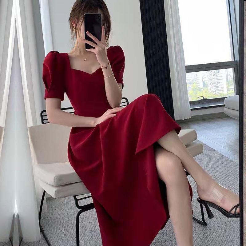 Plus Size Women's Summer Bow Back Dress - Waist-Cinching Slim Puff Sleeves Mid-Length Skirt