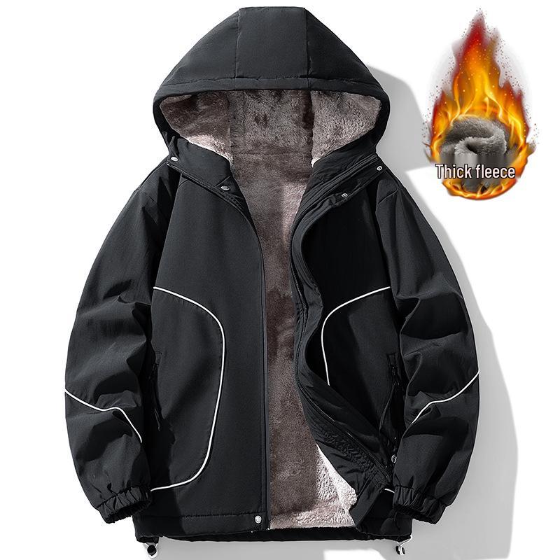 Men's Plus Velvet Thick Hooded Windbreaker - Large Size Warm Loose Workwear Jacket
