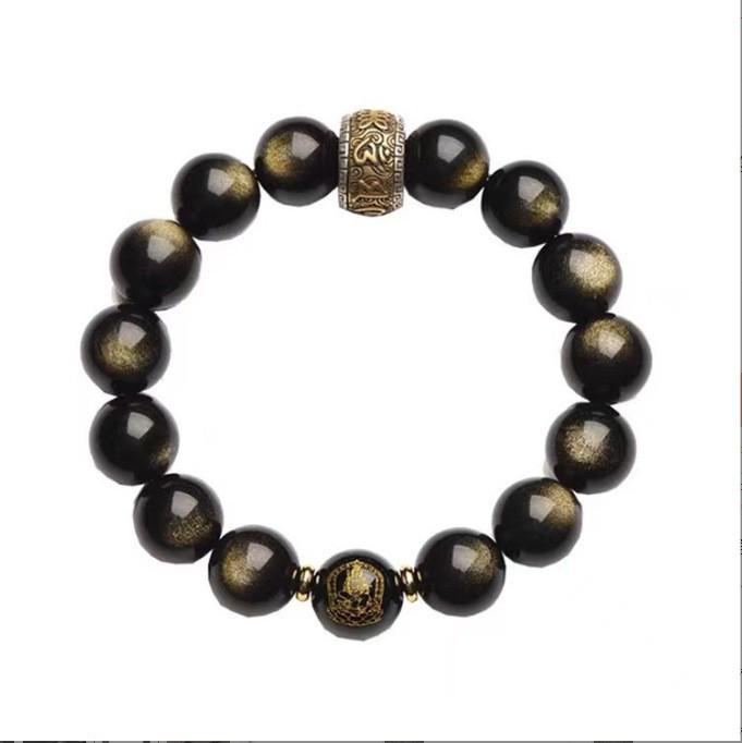 Natürliches Gold & Schwarzer Obsidian Tierkreis Buddha Armband mit Sechs-Silben-Mantra Gebetsmühle für Männer & Frauen