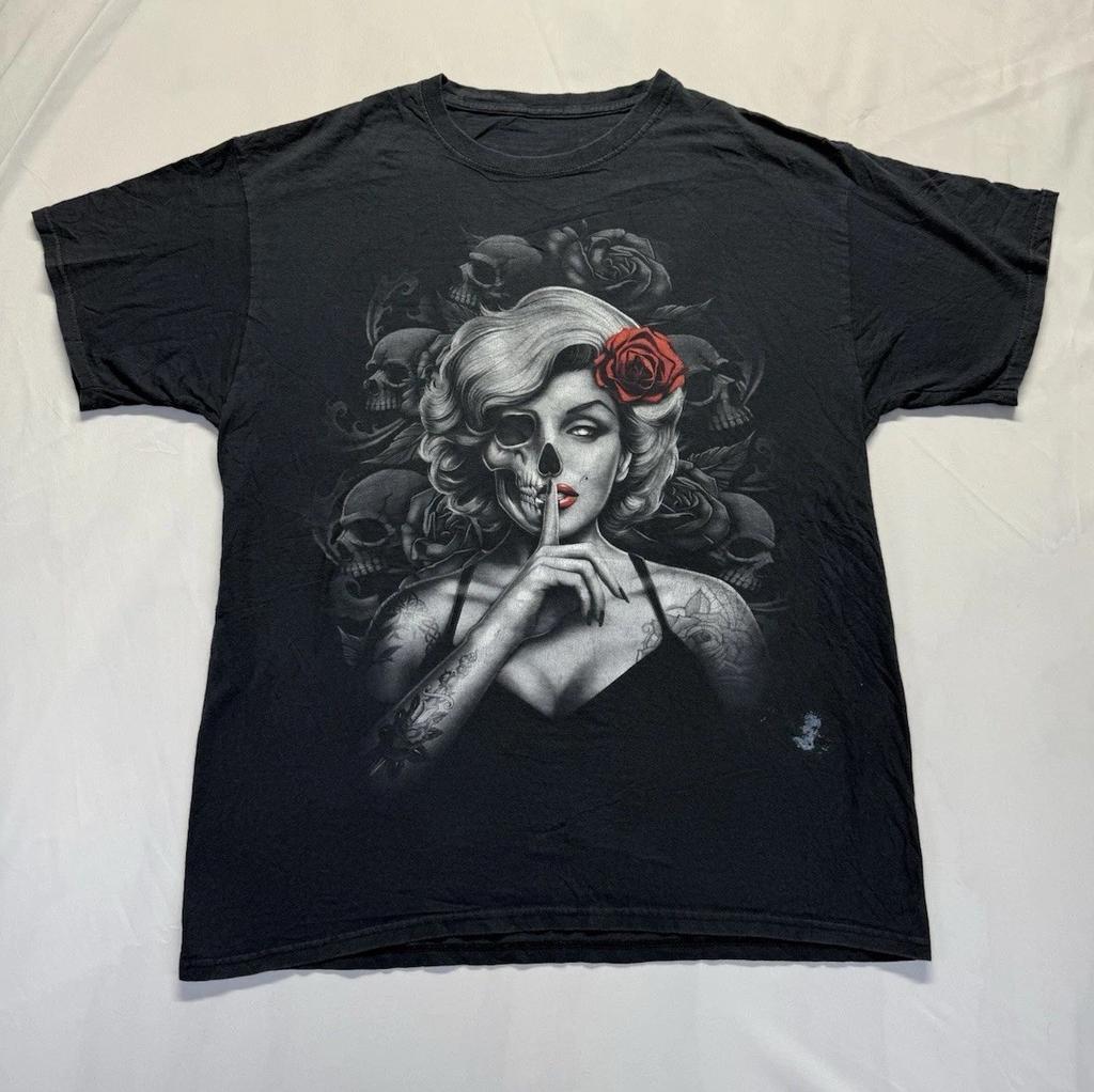 Gothic Schädel Frau Schwarzes T-Shirt Tattoo Rose Grafikshirt ERWACHSENE L Etikett fehlt Unisex T-Shirt