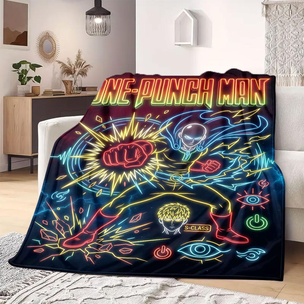 One Punch Man Trendy 2D Print Flannel Blanket, Cartoon Theme for Home Decor, All-season Bed Travel Blanket_LIAN