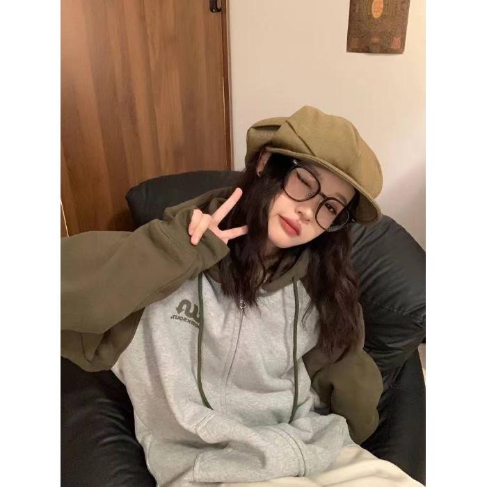 Women's Retro Color Block Patchwork Oversized Hoodie Jacket for Autumn