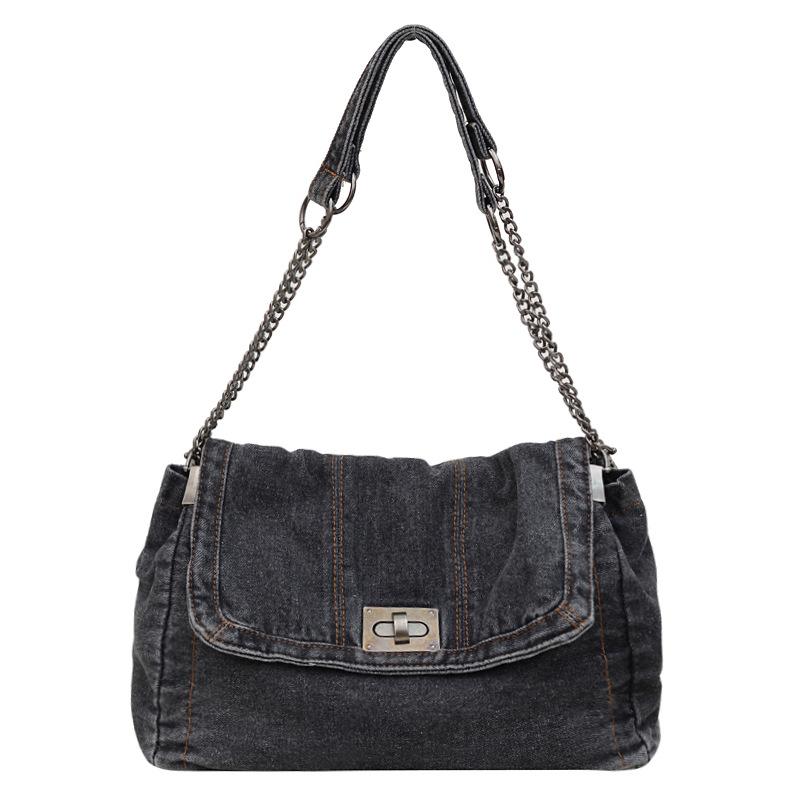 

Niche denim tote bag new casual trend fashion chain oblique span shoulder bag simple versatile bag women чёрный