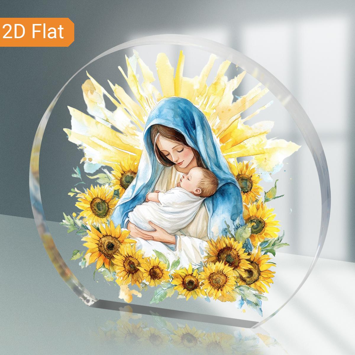 1 шт. Акриловая декоративная табличка «Богоматерь и Младенец Иисус» - Безмятежное религиозное искусство с гирляндой, Идеально для дома, офисного стола, праздничного подарка 10*9cm