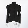 Damen Vintage Stehkragen Blazer Puffärmel Einreiher Schmale Kurze Jacke Elegante Büro Oberbekleidung Winter