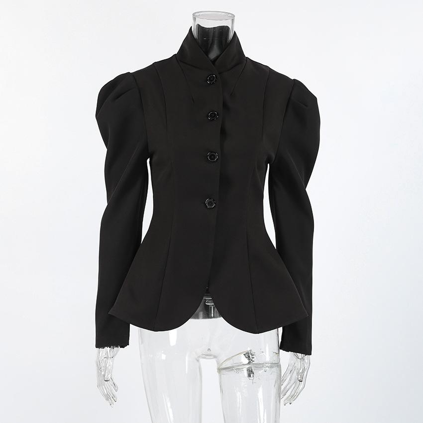 Damen Vintage Stehkragen Blazer Puffärmel Einreiher Schmale Kurze Jacke Elegante Büro Oberbekleidung Winter