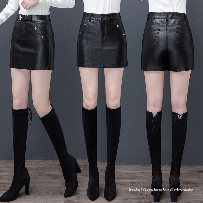 Plus Size Women's High-Waist Sheepskin Leather Shorts - Wide Leg Slimming Casual Hot Pants for Autumn/Winter 2025.