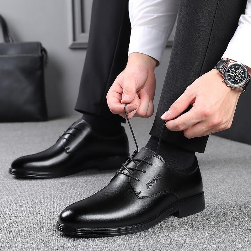 Leather Shoes Men's Genuine Leather Korean Version Business Dress Pointed Head Autumn British Trend Breathable Black Groom Wedding Shoes Men