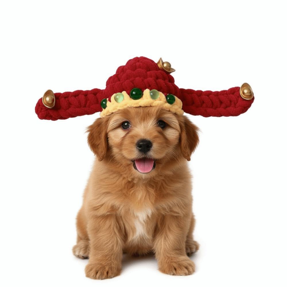 Niedliche Glückskatzen-Kopfbedeckung im chinesischen Stil, warme, handgehäkelte Haustier-Baskenmütze, traditionelle Strickmütze für kleine Hunde und Katzen