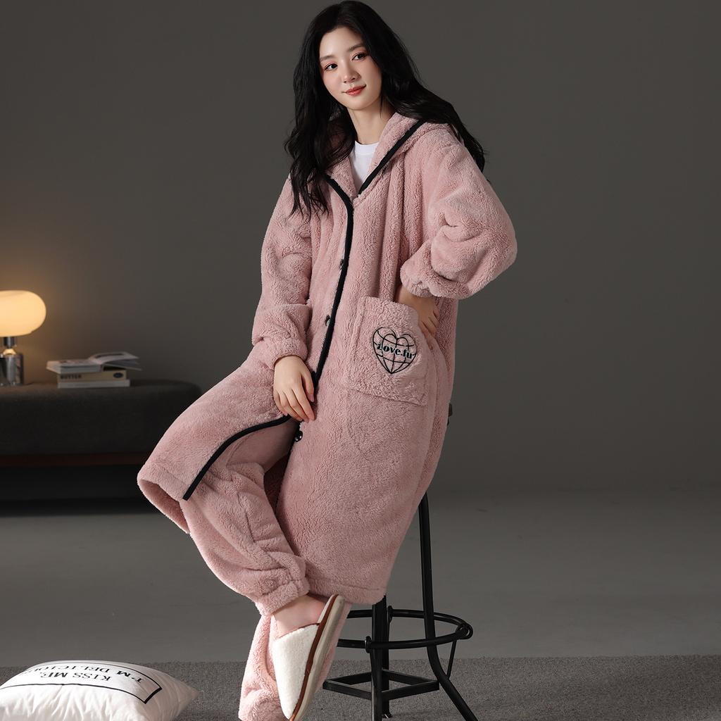 nightgown women's buckle autumn and winter thickened fleece flannel long pajamas coral fleece thermal bathrobe morning gown with pants