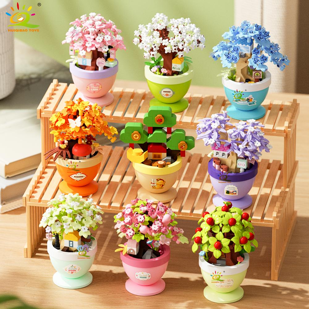 MOC Model HUIQIBAO Flower with pot Micro Building Block Sunflower Rose Eternal Bouquet Mini Diamond Brick Toy for Desk Children