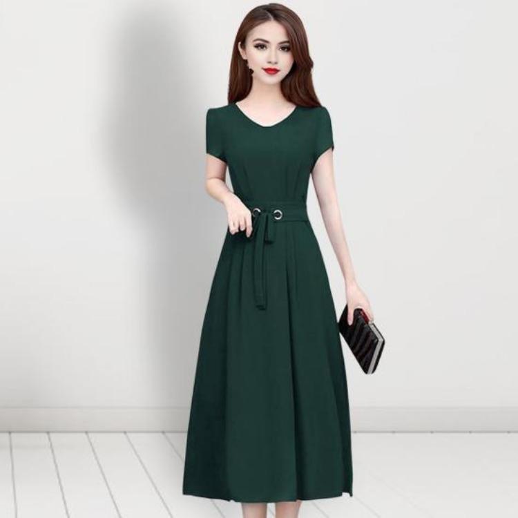 Plus Size Summer Lady Dress Slim Fit A-line Midi Dress Round Neck Short Sleeves Slim Waist Pure Color Mid-calf Length OL Commute