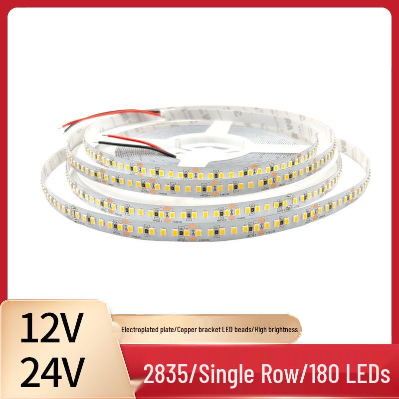 High CRI 12V/24V 2835 LED Strip Lights, 180 Bright LEDs, Electroplated Board, Self-Adhesive Back, Soft Linear Lighting