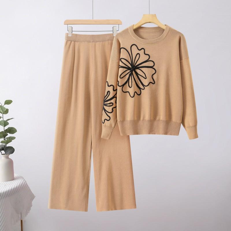 Suéter Suave de Cuello Redondo Top Casual Pantalones Anchos Holgados Traje de Dos Piezas