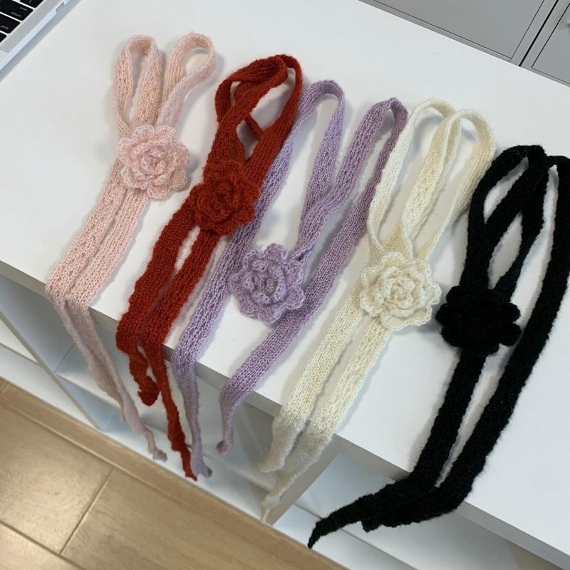 Elegant Autumn And Winter Handmade Flower Decorated Long Scarf  Girls Chic Thin Scarves 180*1.5cm