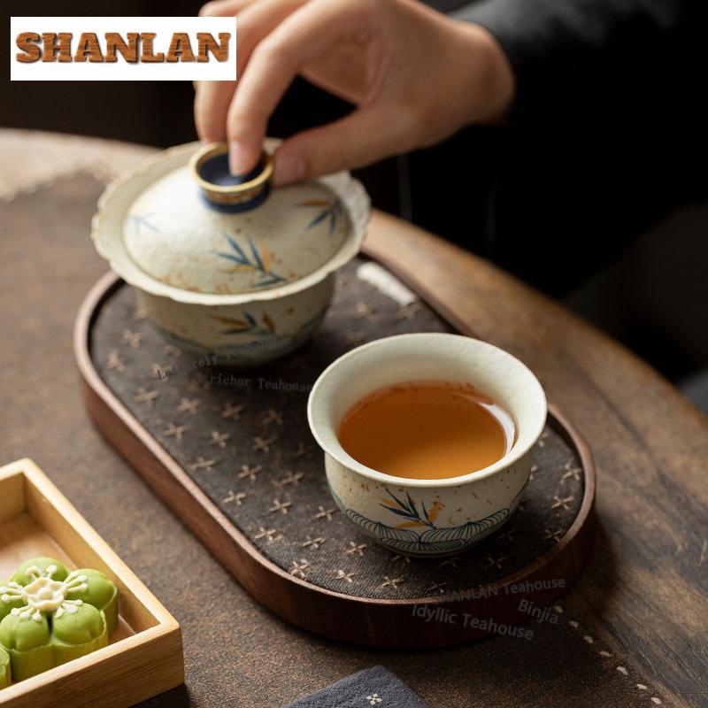 80ml Hand-painted Lotus Bamboo Shadow Teacup Creative Tea Bowl Set of Cups Tea-tasting Fragrance Cup Chazhan Master Cups Cafes
