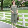 Women's Summer Casual Plus Size Set, Middle-aged and Elderly, Short Sleeved Tied Small Shirt+loose Pants, Chiffon Two-piece Set
