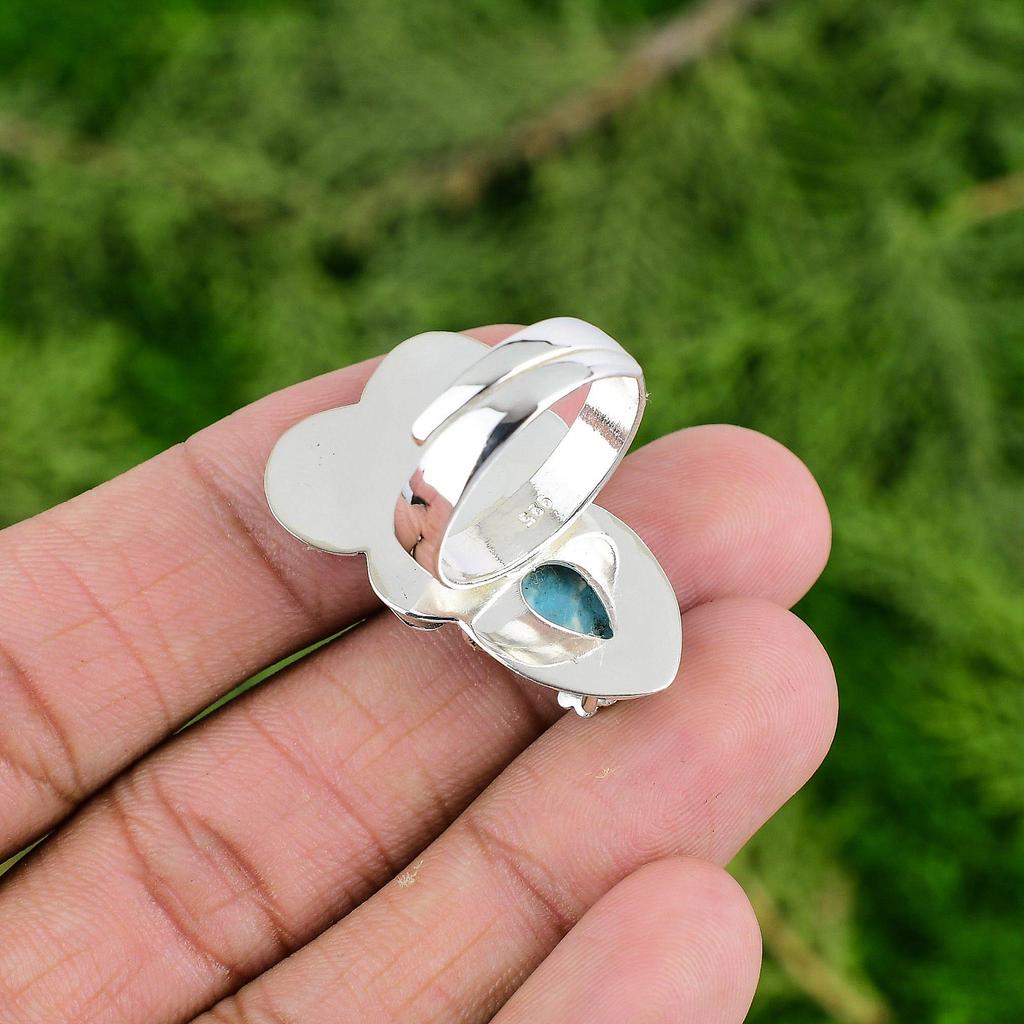 Mothers Day Deal 925 Sterling Silver Larimar Stone Promise Flower Ring Jewelry