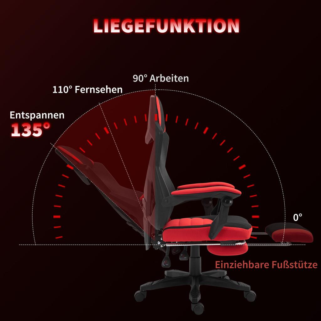 Ergonomic Office Chair, Gaming Chair, Swivel Chair with Footrest, PC Chair, Executive Chair, Height Adjustable, Polyester, Black+Red