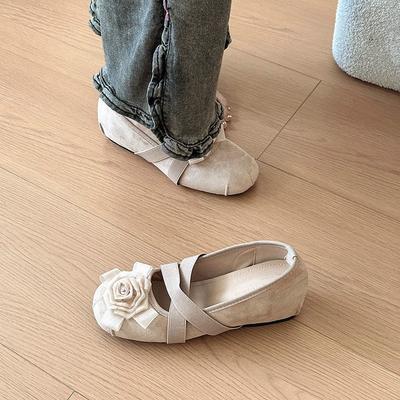 Vintage Camellia Flower Mary Jane Single Shoes Ladies Summer Fashion Versatile Cross Elastic Ballet Shoes