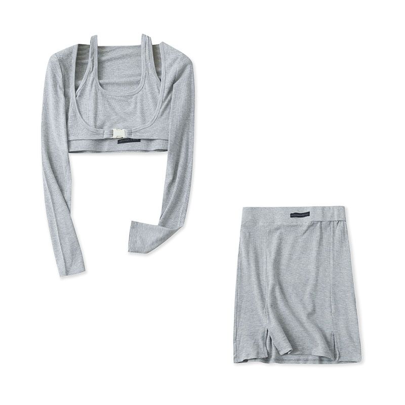 

Модный костюм лето новый женский одежда вязаный халтер жилет длинные рукава жилет юбка на бедрах комплект из трех предметов 27915 Grey C- 5-25-4 XS