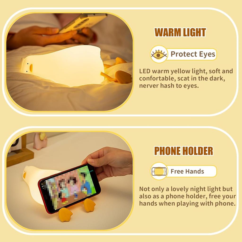 Lying Flat Duck Night Light, Cute Silicone Light Up Duck, 3 Level Dimmable Nursery Nightlight, LED Duck Lamp, Rechargeable Bedside Touch Lamp for