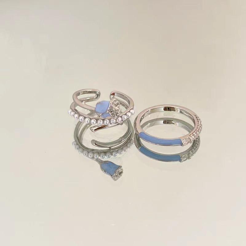Blue Rose Drop Glaze Pearl Ring Women'S Earrings Set Index Finger Ring Light Luxury Premium Sense Open Ring
