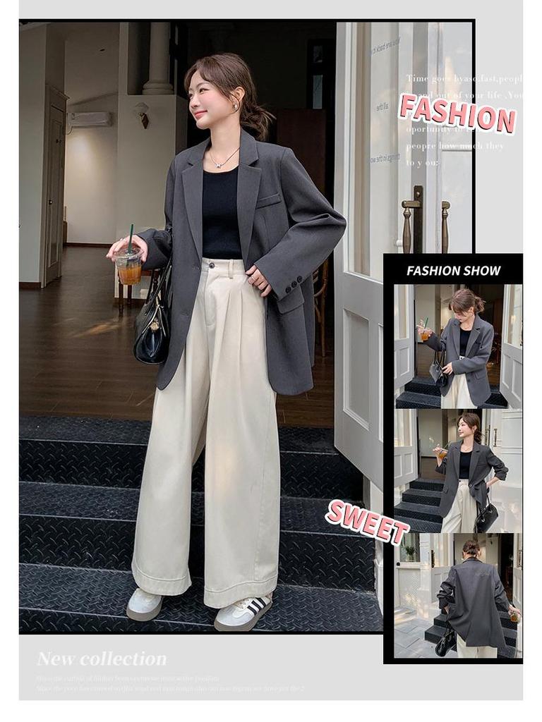 Women's Spring 2025 Fashion Suit Jacket with Rhinestone Lettering - Grey, Casual, All-Match, Loose Fit.