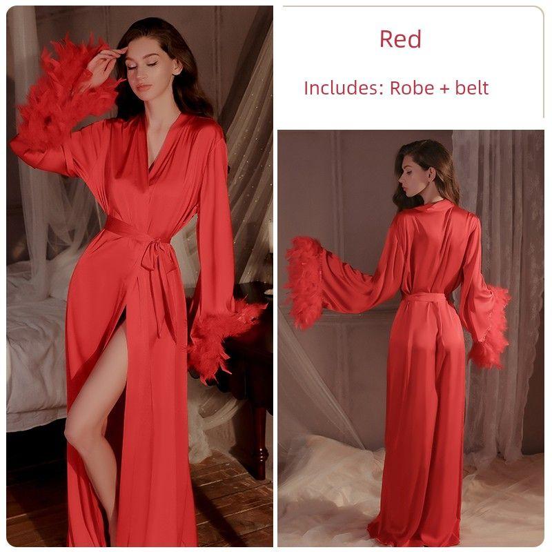

Good Morning with You: Fancy Silk Feather Nightgown Long to Ankle French Lady Fall and Winter Morning Gowns Wedding Red One size