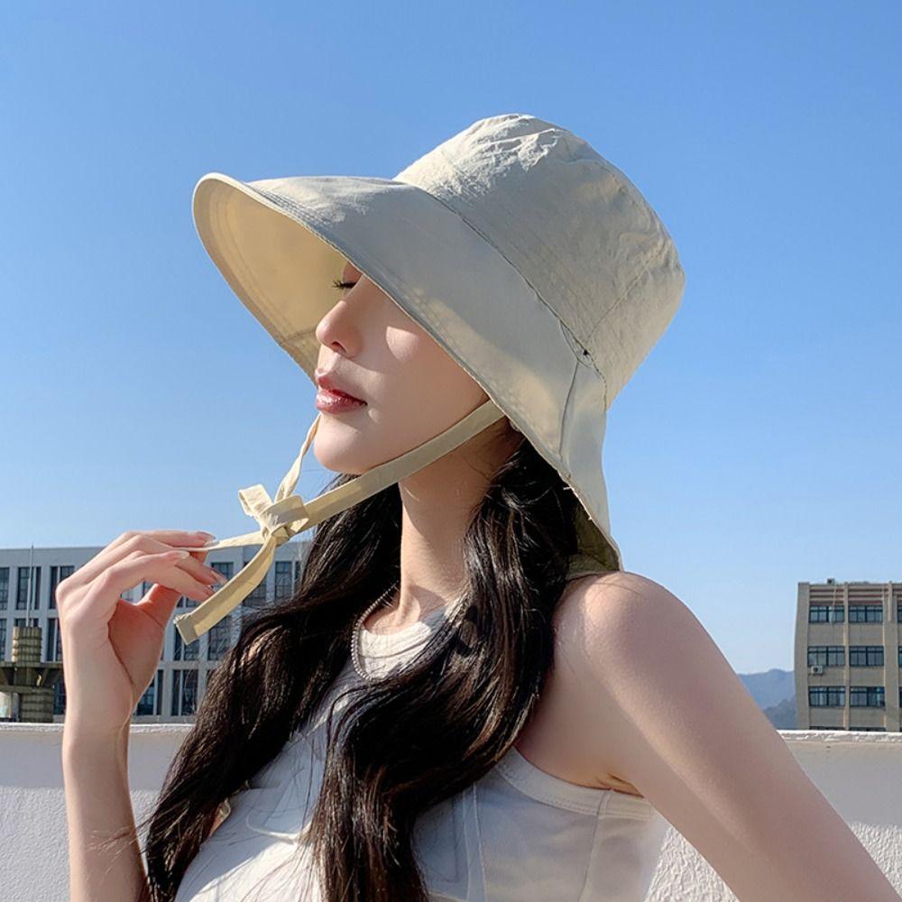 Solid Color Women Fisherman Hat Ribbon Sunshade Hat Casual Sunscreen Visor Cap  Ladies