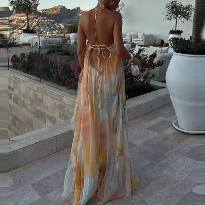Women's Spring New, European and American Dresses, Fashion Temperament Printed Backless Dresses
