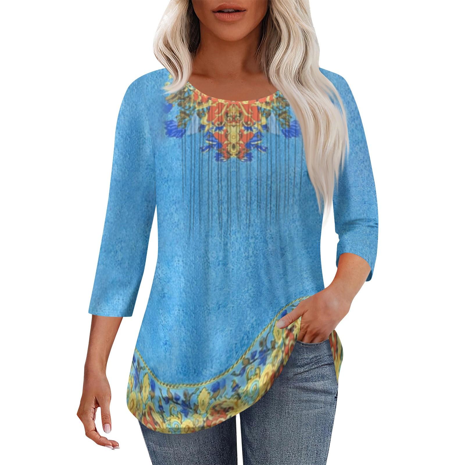 

Женская модная повседневная плиссированная футболка с круглым вырезом и рукавами три четверти с повседневным цветочным принтом XL небесно-голубой