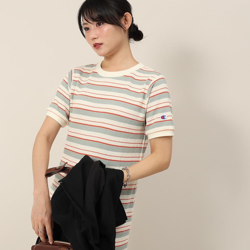 Champion Casual Short Sleeve Cotton USA Crew Neck Garment Wash Striped Dress In Natural Women's (CW-B309)