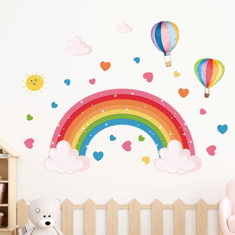Cartoon Rainbow Bridge & Hot Air Balloon Wall Sticker Self-Adhesive Decal for Kids Room Kindergarten Home Decor