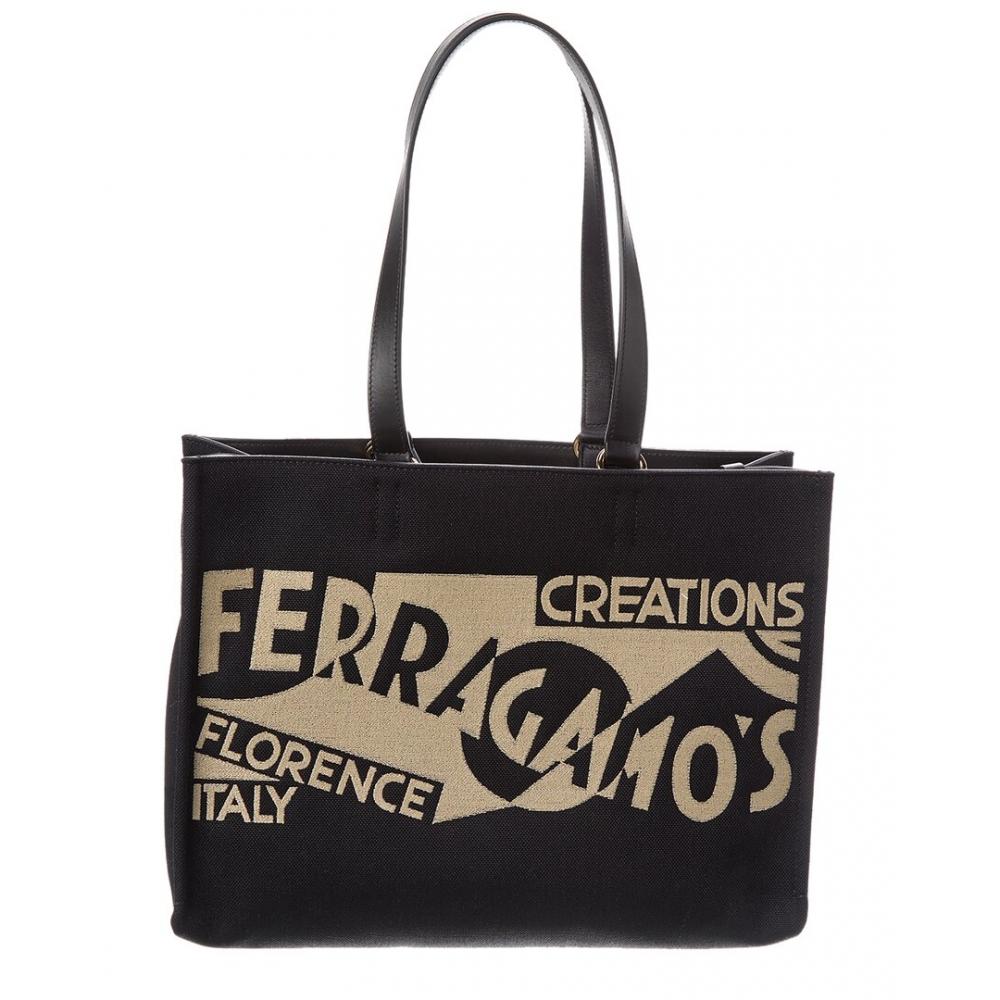 

Salvatore Ferragamo Ferragamo Logo Medium Canvas Leather Tote Black Large