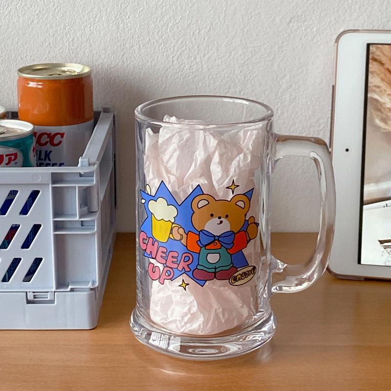 Bowtie Bear Glass Beer Cup Large Capacity Water Cup Milk Tea Mug Cold Drink Juice Bowl Cold Extract Cup 420ml