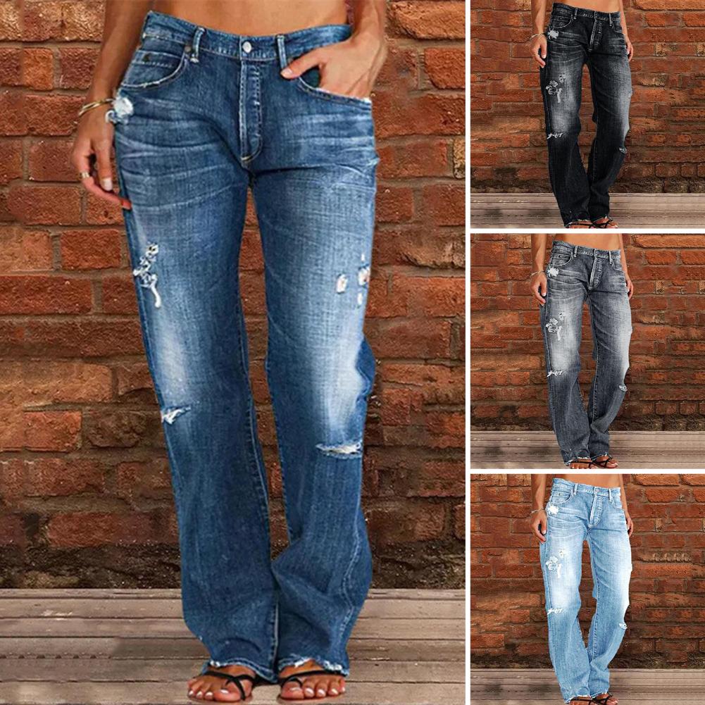 High Waist Denim Pants Stylish High Waist Women's Jeans with Ripped Details Slim Fit Multiple Pockets for Daily Wear Trendy