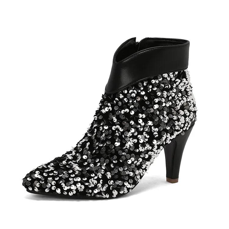Fashion New Silver Sequin 8cm High-heeled Short Boots European American Autumn Winter Fashionable Elegant Women Ankle Boots Size 34-47