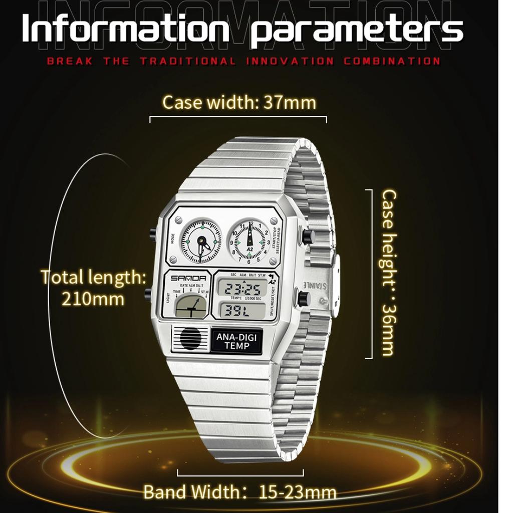 SANDA Electronic Watch Men Square Steel Band Digital Wristwatch Temperature Measurement Stopwatch Timing Multifunctional Watch