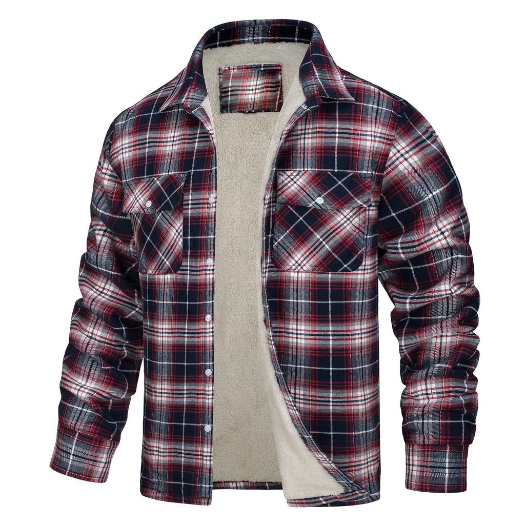 Fleece Lining Jackets Mens Cotton Jackets Plaid Casual Button Down Cargo Work Coats Thicken Outwear Man Tops