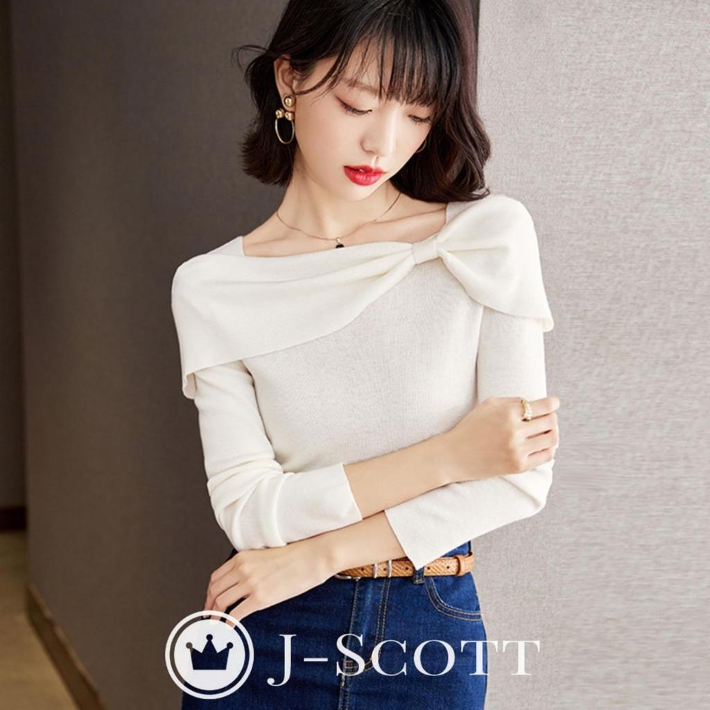 Boat Neck Knit Top with Ribbon Slim J-Scott Motif, Lightweight, Soft, Fit, 1/4 Sleeves, White, JS112-WH-L
