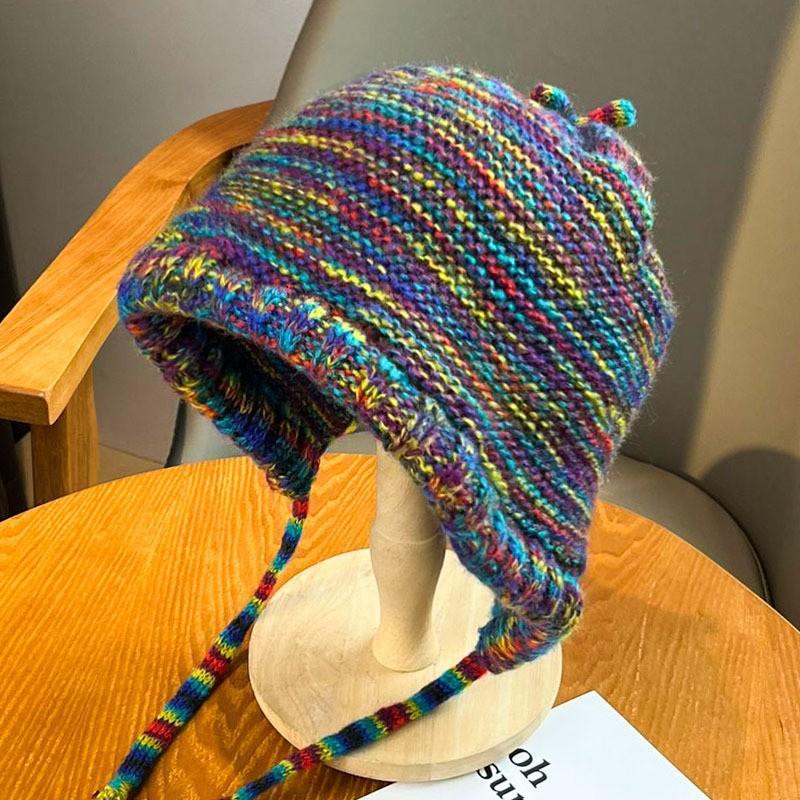 New Rainbow Striped Knitting Wool Beanie Hat Women Girl Winter Warm Crochet Ear Protection Cap Korean Ski Snow Windproof Bonnet