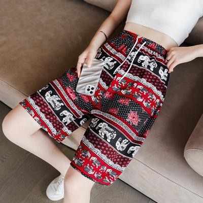 Pantaloncini da Donna Stampa Elefante Thailandese Coulisse Vita Elastica Ampi Morbidi Traspiranti Vacanza Spiaggia Viaggio Lunghezza al Ginocchio